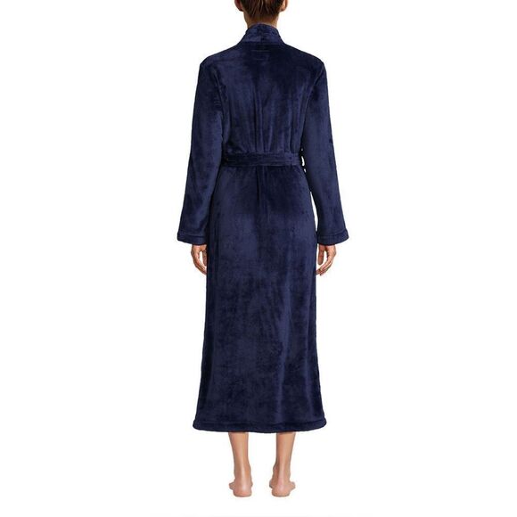 Land's End Cozy Plush Long Wrap Robe Inner Tie Polyester Soft Deep Navy Size Med - Picture 3 of 6